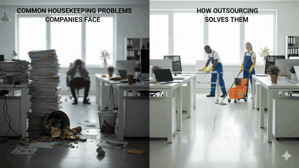 A side-by-side comparison of common office housekeeping problems versus professional outsourcing solutions. The left side shows a messy office with overflowing trash and paper stacks; the right side shows professional cleaners in blue uniforms mopping and dusting a bright, clean modern workspace.