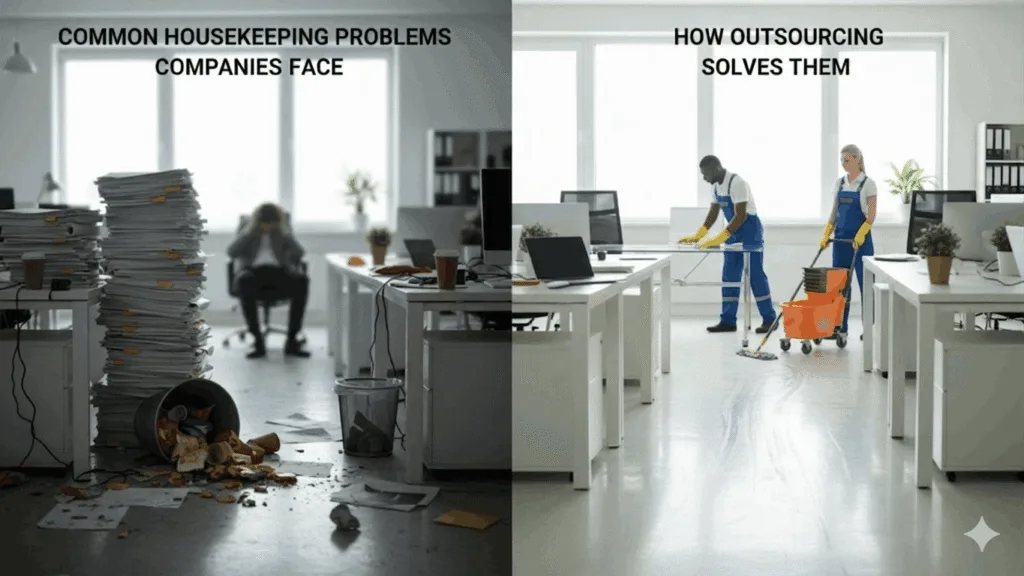 A side-by-side comparison of common office housekeeping problems versus professional outsourcing solutions. The left side shows a messy office with overflowing trash and paper stacks; the right side shows professional cleaners in blue uniforms mopping and dusting a bright, clean modern workspace.