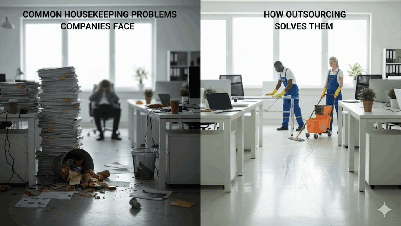 A side-by-side comparison of common office housekeeping problems versus professional outsourcing solutions. The left side shows a messy office with overflowing trash and paper stacks; the right side shows professional cleaners in blue uniforms mopping and dusting a bright, clean modern workspace. Engaging Front Desk Agents & Retain Housekeeping Staff