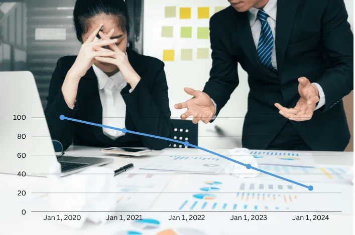 A stressed professional analyzing a downward trend chart on a desk, representing the need for a data-driven marketing strategy in Orlando, FL.