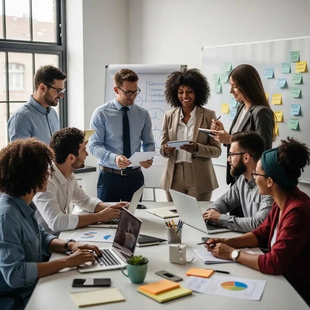 Diverse employees collaborating in a modern office during an engagement survey meeting