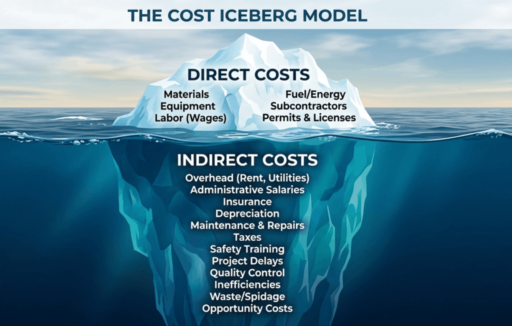 Employee Turnover Cost for The 2026 ROI Guide for Leaders 2 The Cost Iceberg Model infographic illustrating direct costs like labor and materials above water, and hidden indirect costs like overhead and inefficiencies below water for businesses in Central Florida.
