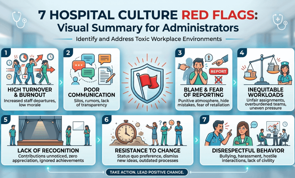 An infographic titled 7 Hospital Culture Red Flags for administrators in Florida, detailing issues like burnout, poor communication, and disrespectful behavior.