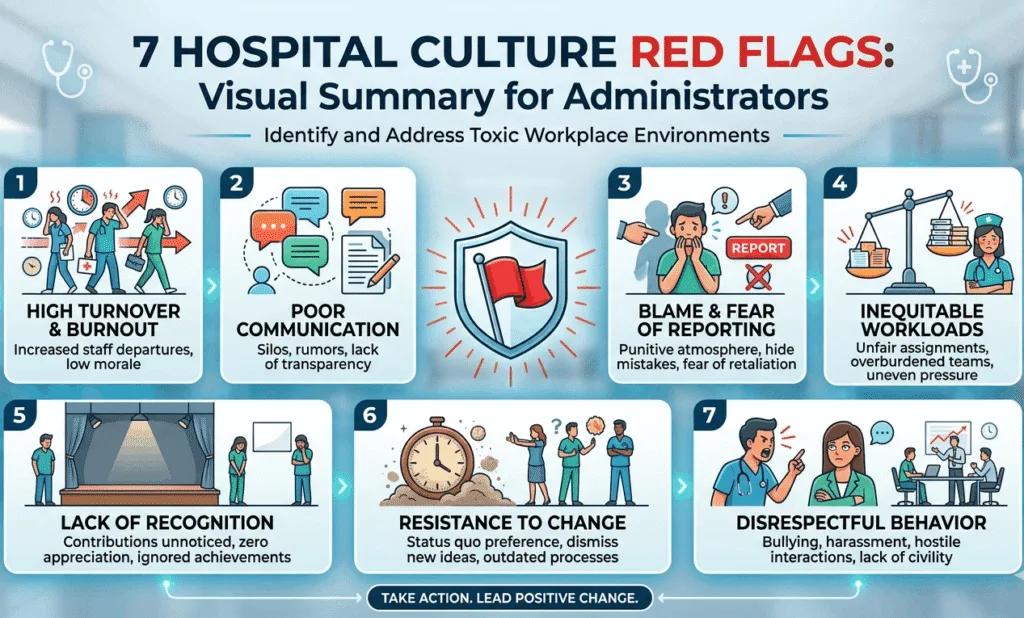 An infographic titled 7 Hospital Culture Red Flags for administrators in Florida, detailing issues like burnout, poor communication, and disrespectful behavior.