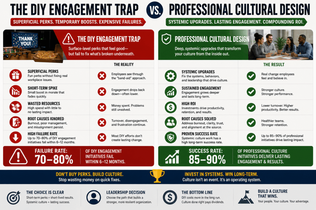 An educational corporate infographic titled 'The DIY Engagement Trap vs. Professional Cultural Design' comparing short-term superficial perks like pizza parties to systemic workplace upgrades, optimized for corporate culture consulting in Chicago, IL.