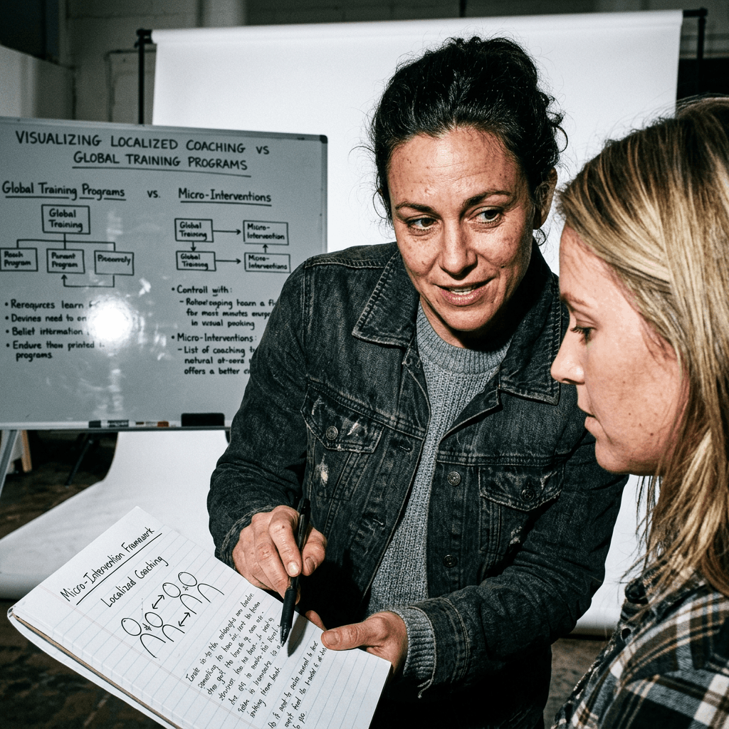 Two female professionals reviewing a handwritten micro-intervention framework in a notebook during a corporate leadership coaching session in Austin, Texas, with a whiteboard comparing global training programs in the background.