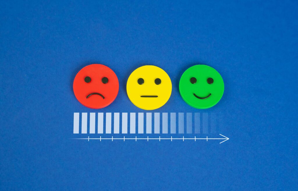 A feedback scale showing red, yellow, and green smiley faces above a graphical progress bar on a blue background, representing customer satisfaction levels in Chicago, IL.