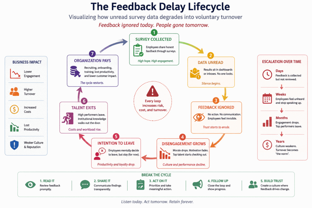An infographic titled The Feedback Delay Lifecycle outlining employee retention strategies in Seattle, WA, illustrating how unread survey data degrades into disengagement and voluntary talent turnover over a 7-step cycle.