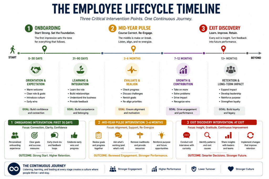 An HR management infographic titled 'The Employee Lifecycle Timeline' showcasing a continuous timeline across three critical intervention points: onboarding, mid-year pulse, and exit discovery, optimized for an employee retention strategy in Seattle, WA.
