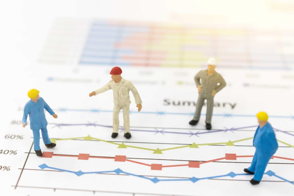 Miniature worker and business figures standing on top of a printed financial chart and summary document analyzing performance metrics in Chicago, IL.