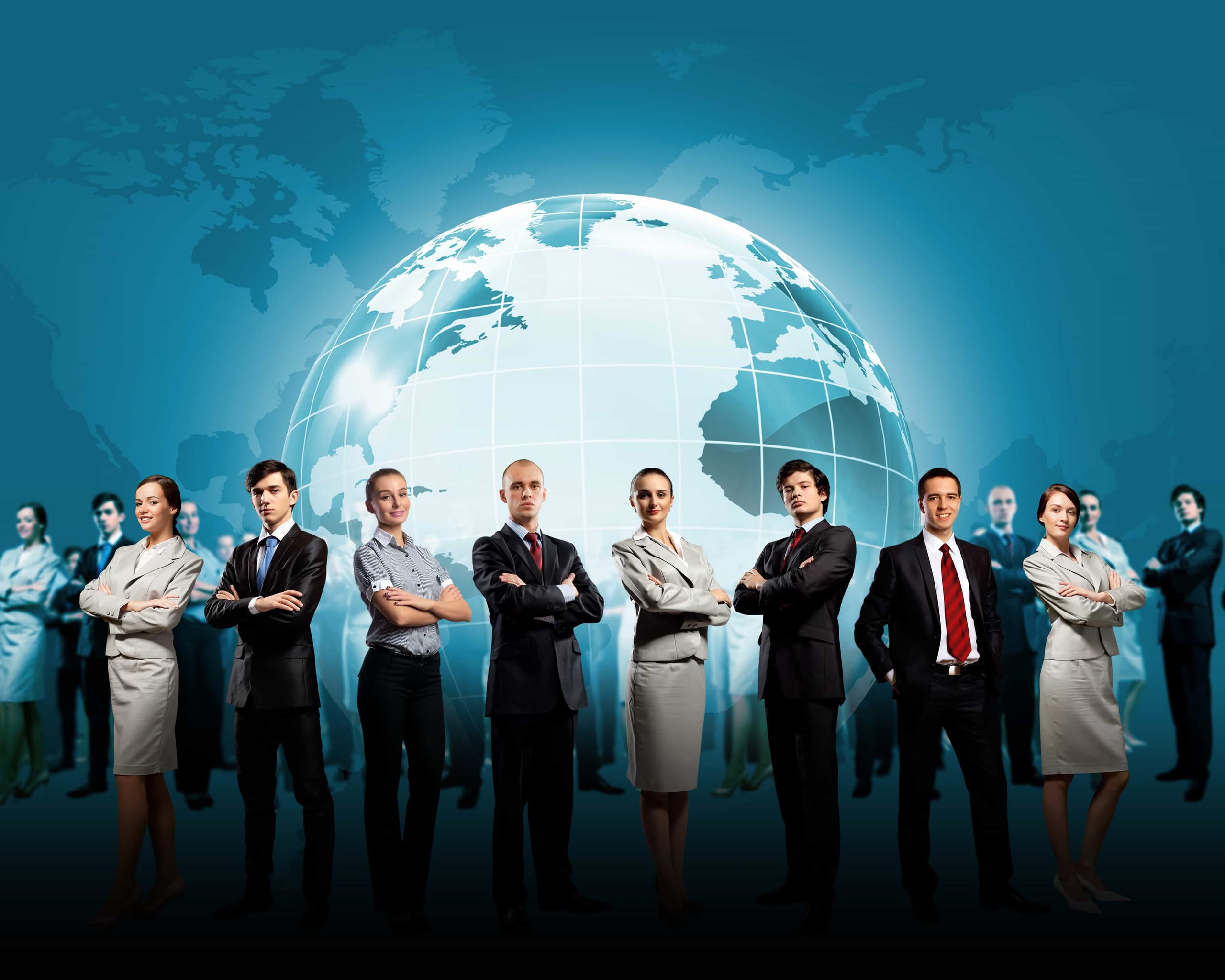 A group of confident business professionals in formal suits standing with arms crossed in front of a large illuminated world globe and map illustration in New York, NY.