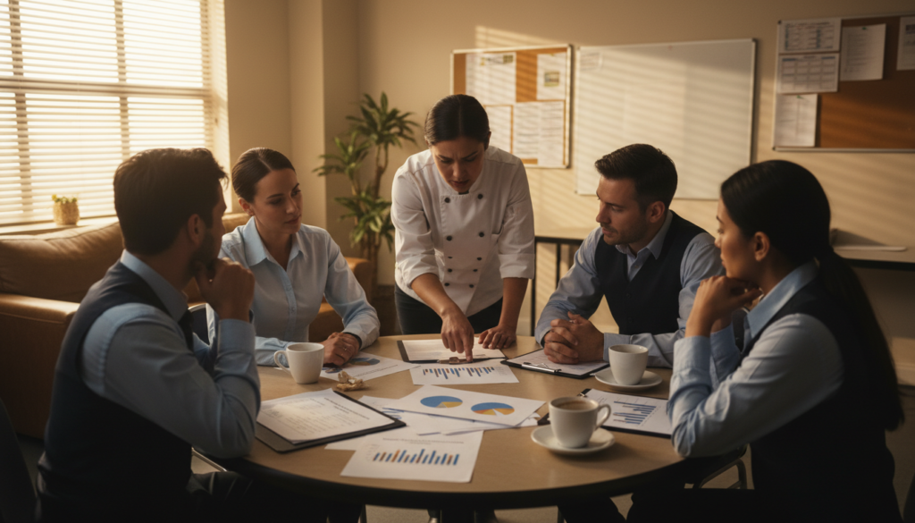 cross-functional 5 star service team meeting around survey results