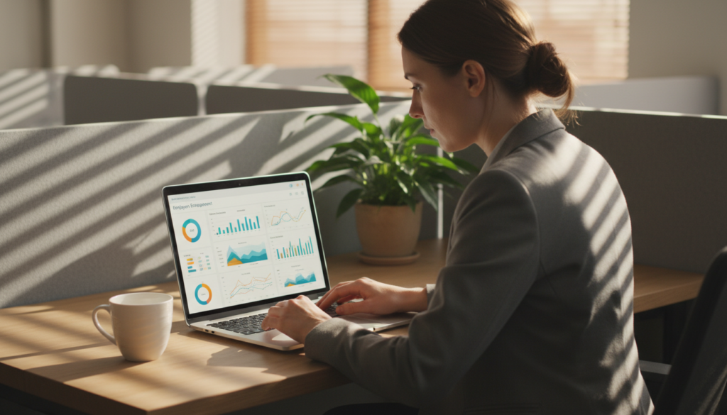 manager reviewing culture amp engagement survey questions on a laptop dashboard