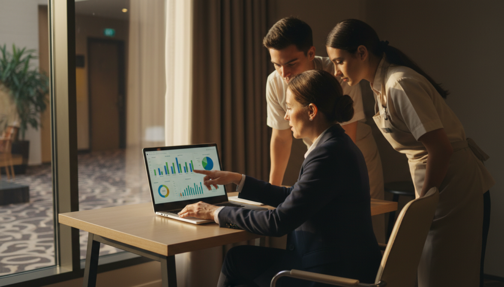 manager reviewing a culture amp employee engagement survey dashboard with a hotel team