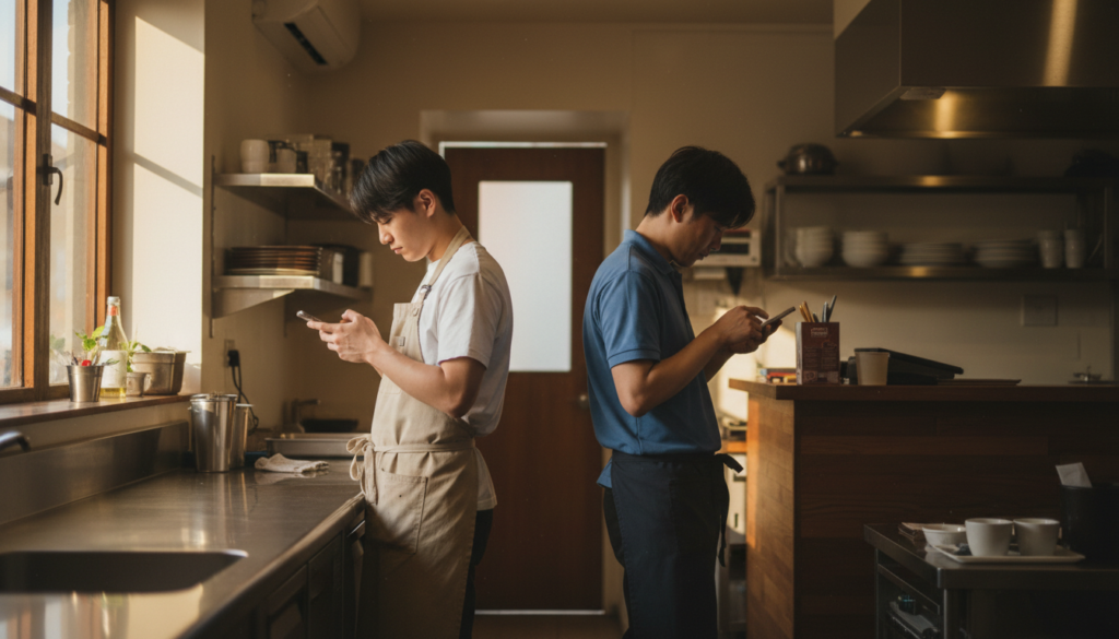 The Complete Guide to Culture Amp Employee Engagement Surveys in 2026 2 front desk and kitchen staff completing a pulse survey employee engagement check-in on a phone