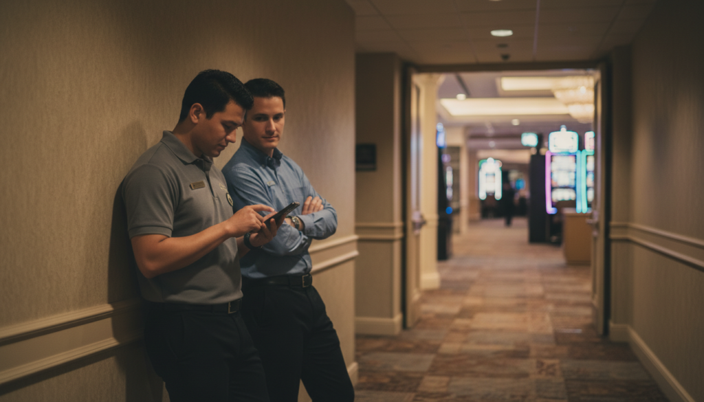 How 5Starr Engagement Helps Hospitality Teams Reduce Turnover 2 hospitality employees completing a 5starr pulse survey on a mobile phone during a shift break