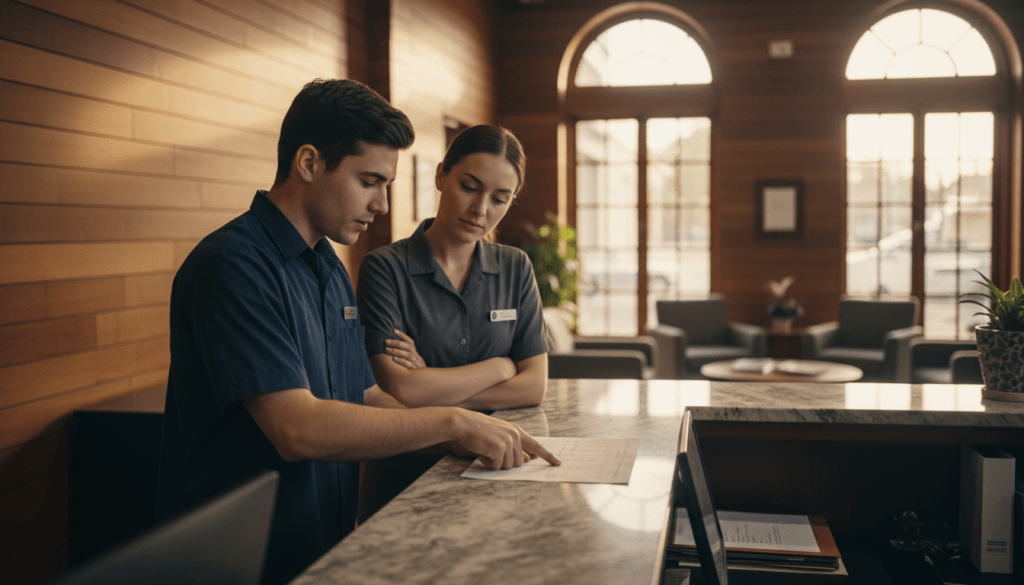 hotel staff engagement team huddle at front desk