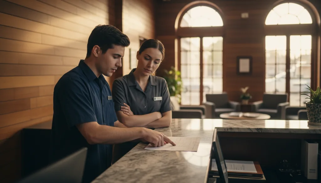 hotel staff engagement team huddle at front desk
