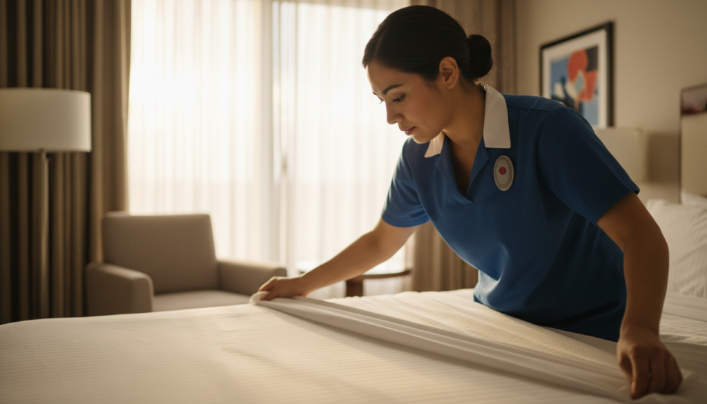 The Ultimate Guide to Retain Housekeeping Staff in 2026 2 housekeeper wearing a wearable duress alarm badge on hotel uniform
