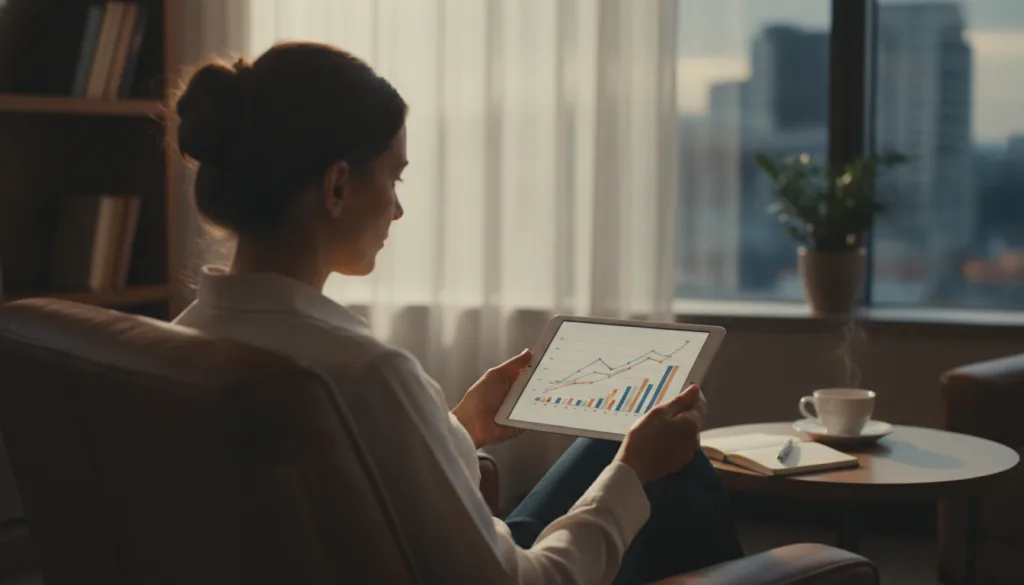 HR leader analyzing culture amp exit survey trends on a tablet in a hotel office