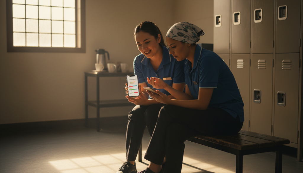 The Ultimate Guide to Retain Housekeeping Staff in 2026 3 hotel housekeeping team completing a pulse survey on phones during break