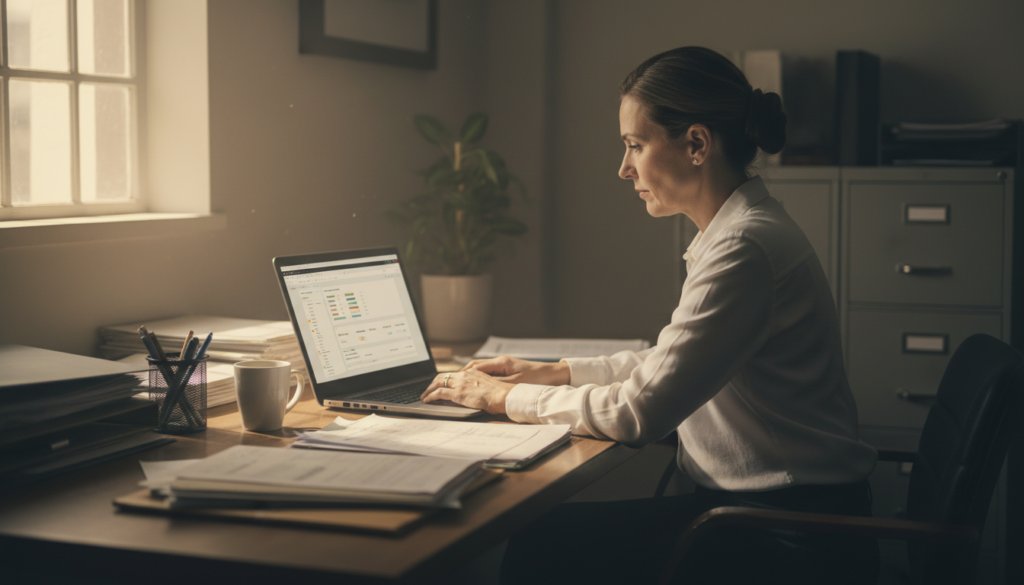 manager reviewing culture amp surveys dashboard on a laptop in a hotel back office