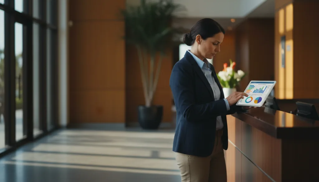 manager reviewing hospitality staff engagement software dashboard on a tablet in a hotel lobby
