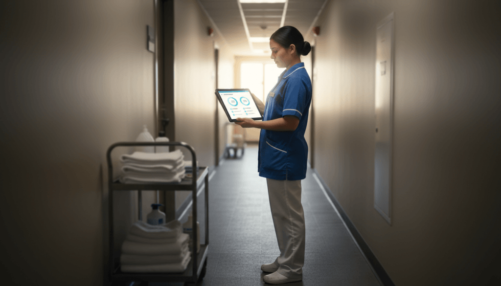 frontline hotel staff completing a culture amp pulse survey on a tablet