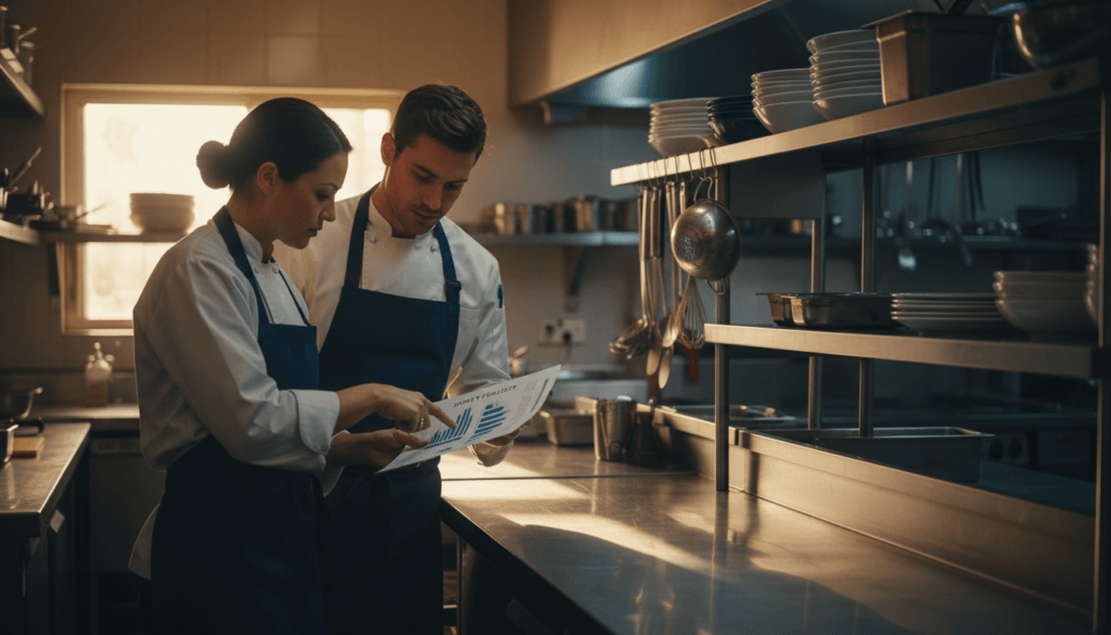 restaurant manager discussing a culture amp engagement survey questions report with staff