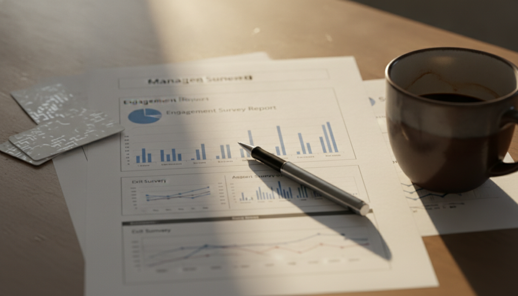 Why the Culture Amp Employee Engagement Survey Falls Short on Retention 3 culture amp employee engagement survey report next to an exit survey summary on a manager's desk