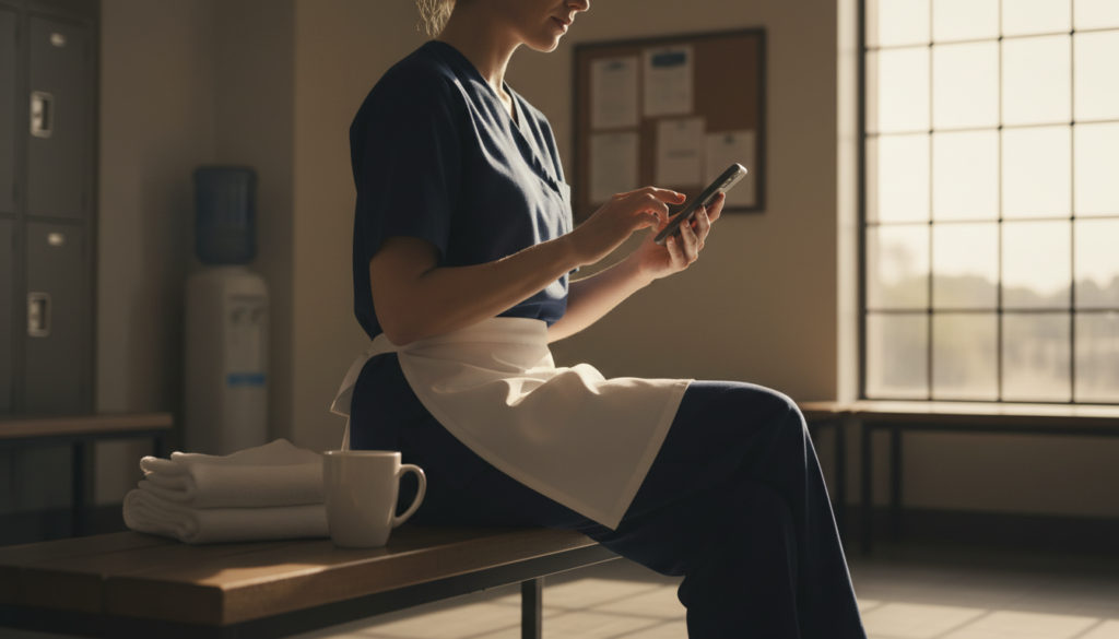 Why the Culture Amp Employee Engagement Survey Falls Short on Retention 2 hourly hotel employee completing a mobile pulse survey on a phone during a break