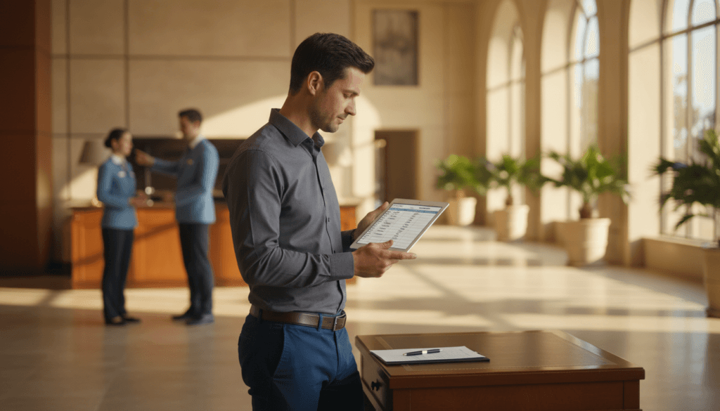 manager reviewing frontline employee retention dashboard with hotel staff in background