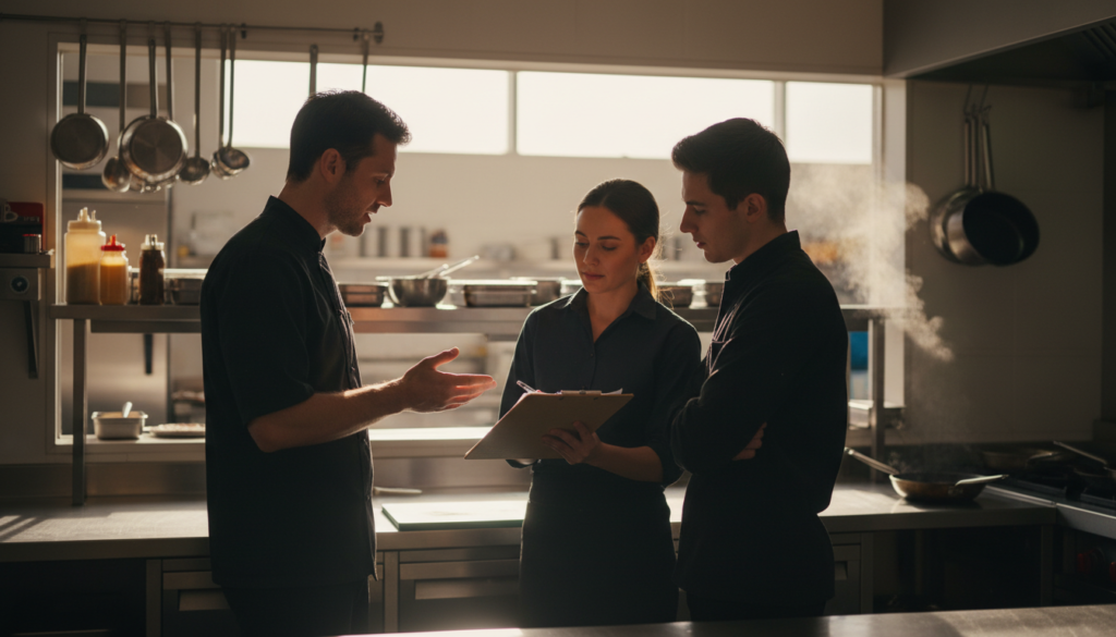 restaurant manager discussing culture amp survey results with staff during a team huddle