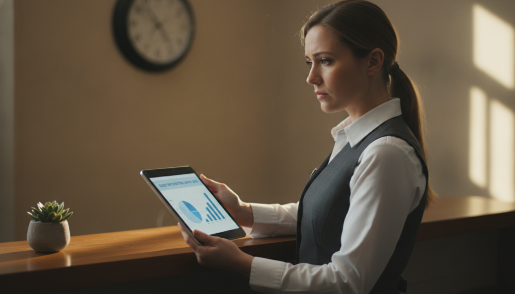 Boosting Hotel Staff Engagement: A 2026 Playbook for Hospitality Leaders 2 front desk supervisor reviewing hotel staff engagement survey results on tablet