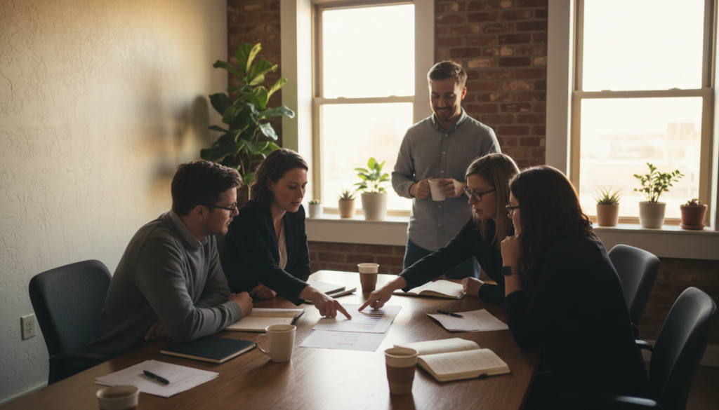 Building Real Workplace Engagement in 2026: A Practical Playbook 2 team huddle reviewing engagement survey results and action plan