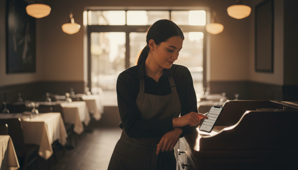 restaurant server using a mobile app to complete a shift-related survey