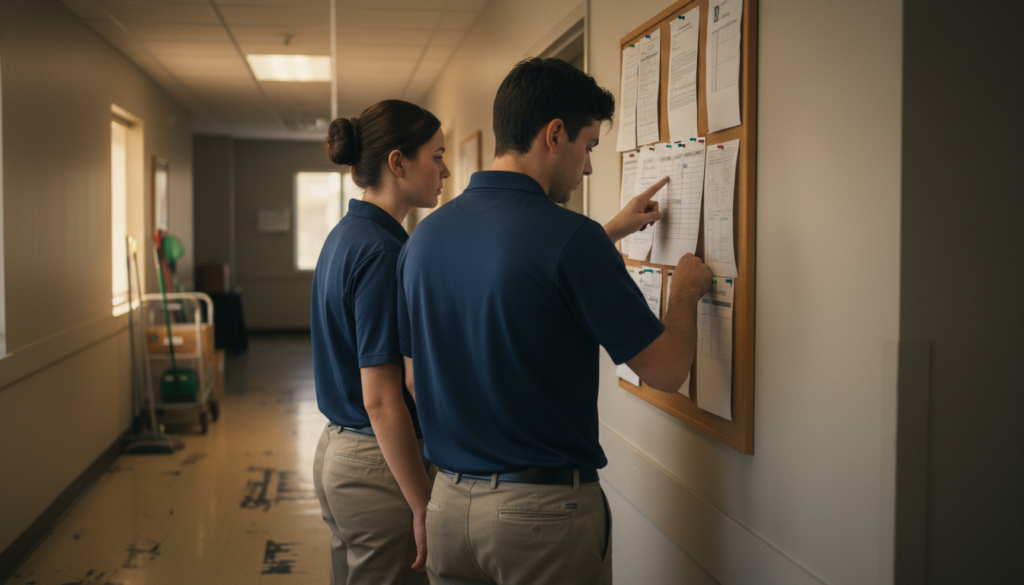 A Practical Playbook for How to Reduce Frontline Employee Turnover 2 frontline hotel staff checking a posted weekly schedule
