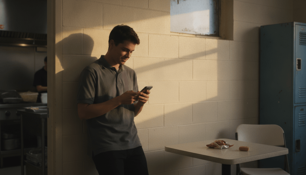 frontline restaurant employee completing a retention survey on a phone during a break