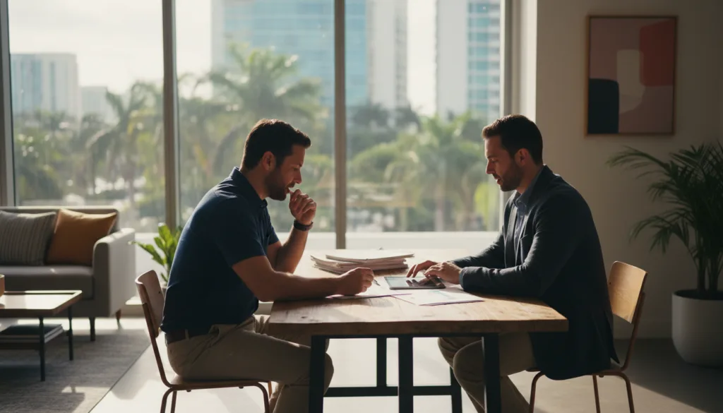 hospitality manager and HR consultant reviewing turnover data in Miami office