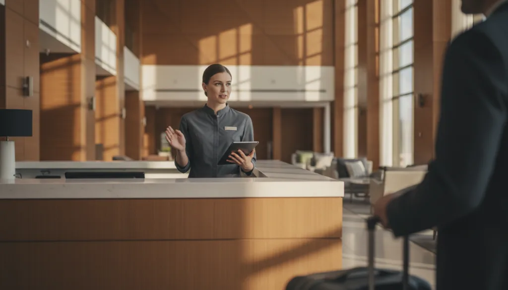 hospitality personnel using tablet technology during guest check-in