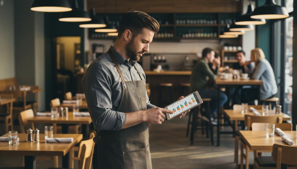 Building Better Hightop Hospitality Survey Questions for 2026 1 manager reviewing hightop hospitality survey questions results on a tablet in a restaurant