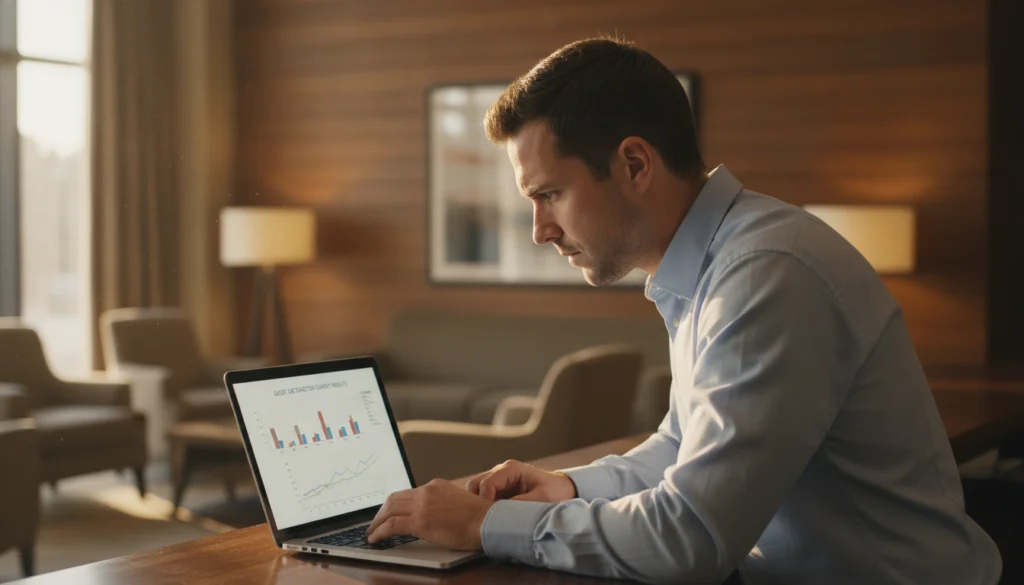 Improving Hotel Employee Engagement Across Every Shift in 2026 2 front desk manager reviewing frontline employee engagement survey results on a laptop