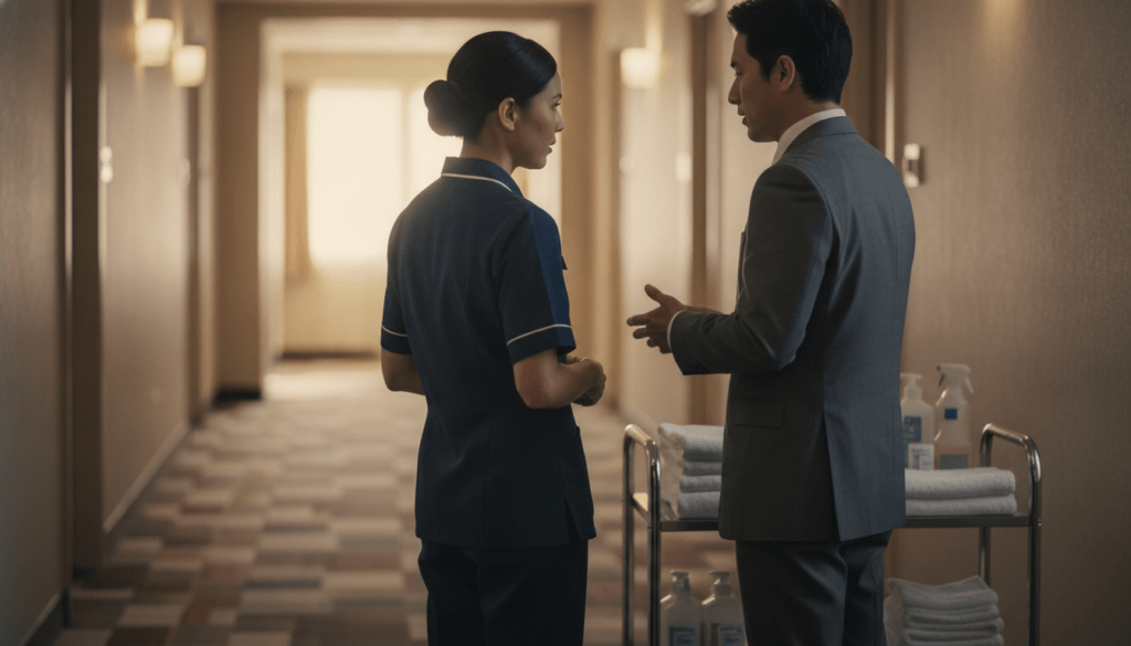 frontline hospitality employee receiving manager feedback to reduce frontline turnover