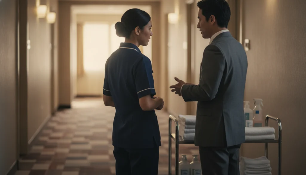 How to Cut Frontline Employee Turnover for Good in 2026 1 frontline hospitality employee receiving manager feedback to reduce frontline turnover