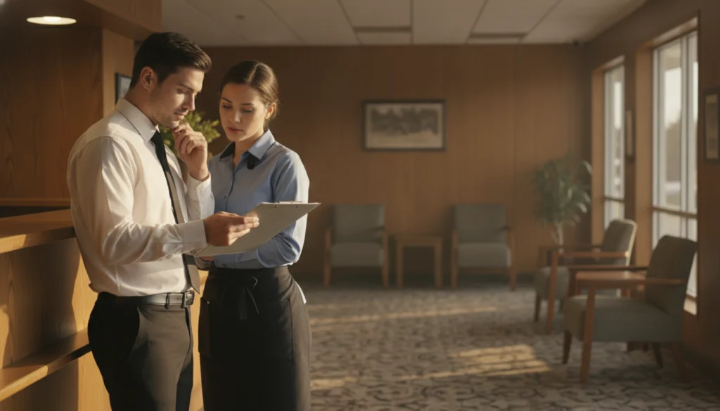 How to Cut Frontline Employee Turnover for Good in 2026 2 hotel front desk and housekeeping team discussing retention strategy