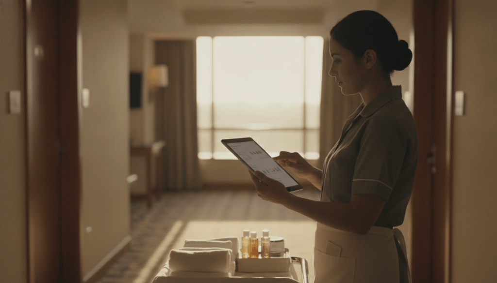 hotel housekeeping team completing a hotel employee engagement pulse survey on a tablet