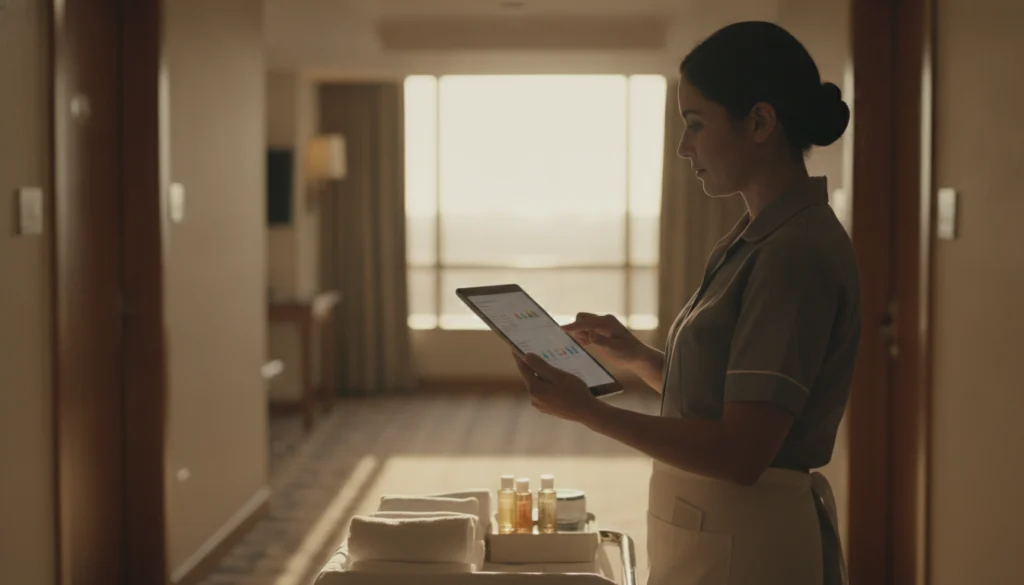 Improving Hotel Employee Engagement Across Every Shift in 2026 1 hotel housekeeping team completing a hotel employee engagement pulse survey on a tablet