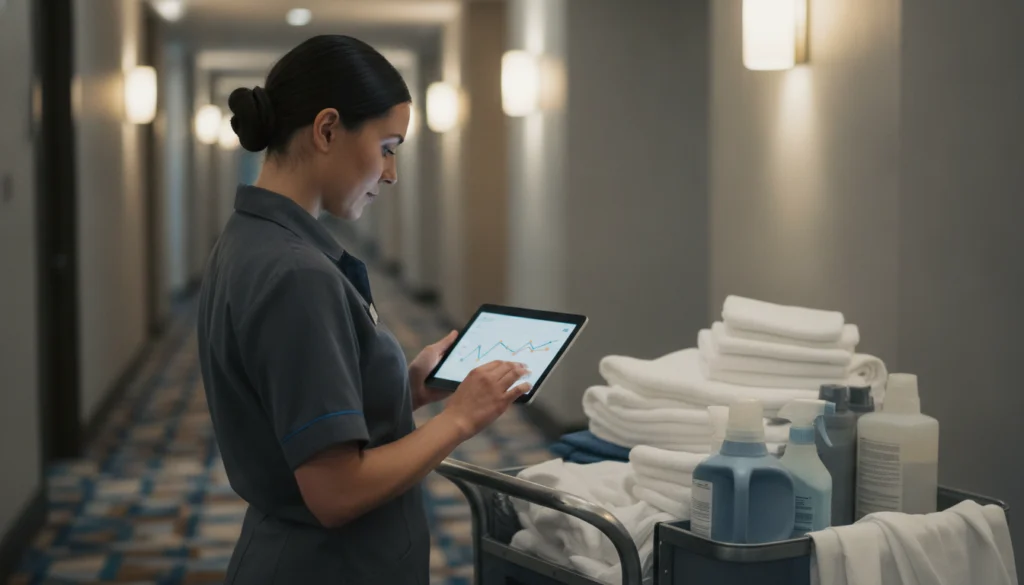 housekeeping staff reviewing employee turnover rate in US hotel dashboard
