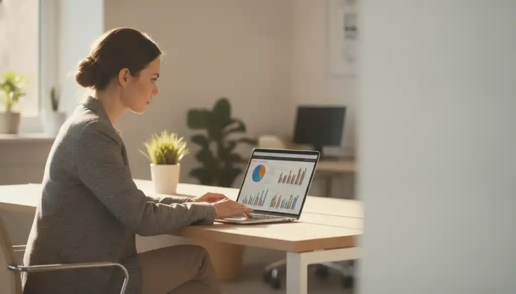 HR manager reviewing third party exit interviews report on laptop